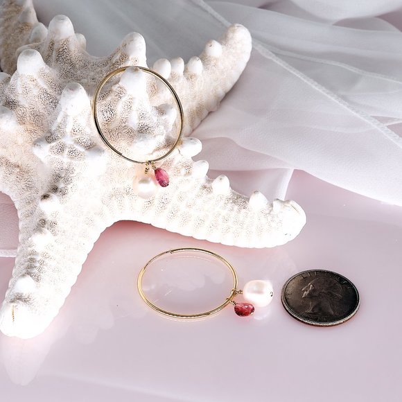 Pearl & Pink Tourmaline Hoop Earrings, 14K Gold Filled Thin Endless Hoops - Picture 6 of 11